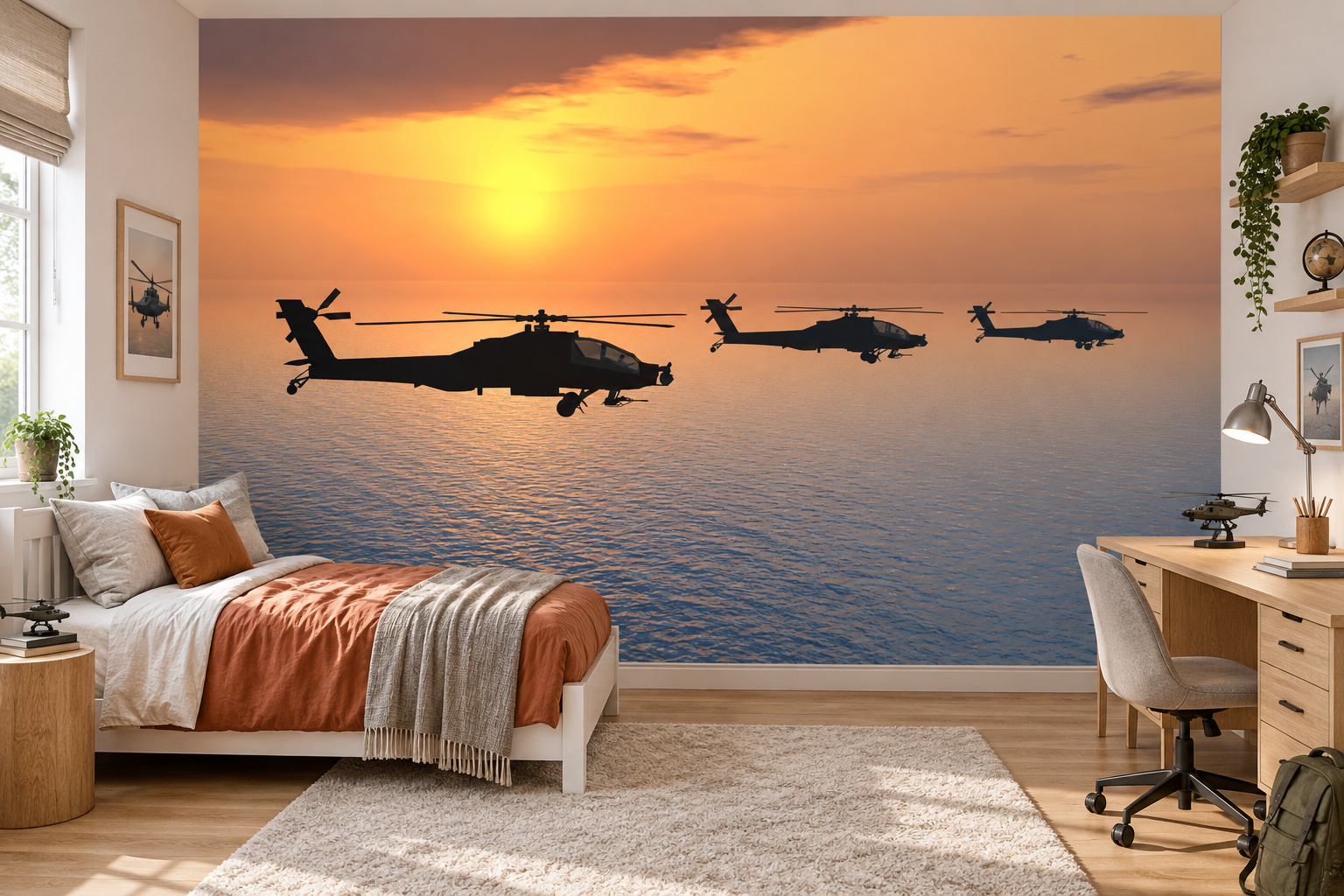 Fotobehang helikopters bij zonsondergang in een lichte tienerslaapkamer met een wit bed en warm oranje deken.