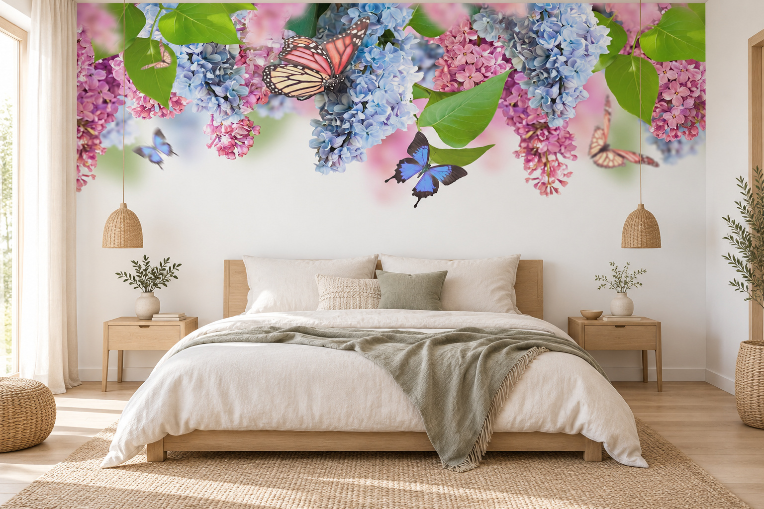Roze en blauwe bloemen met vlinders aan de bovenkant van een slaapkamerwand achter een wit opgemaakt bed.