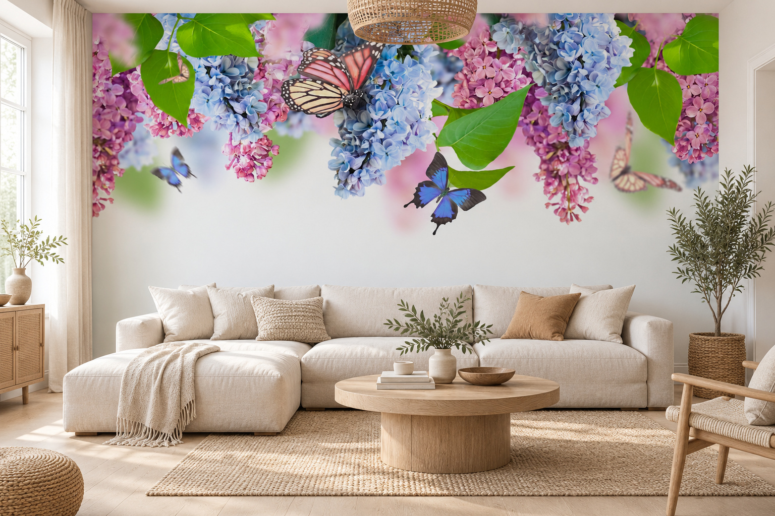 Blauwe en roze bloemtrossen met kleurrijke vlinders boven een lichte hoekbank en ronde salontafel.