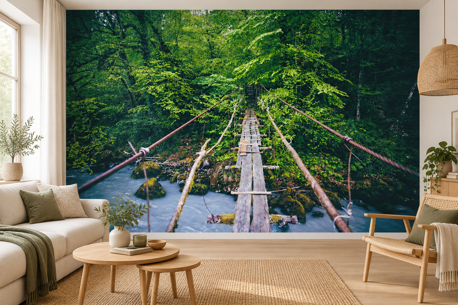 Houten hangbrug over een rivier als fotobehang, vrij zichtbaar tussen een bank links en een lichte gevlochten stoel rechts.