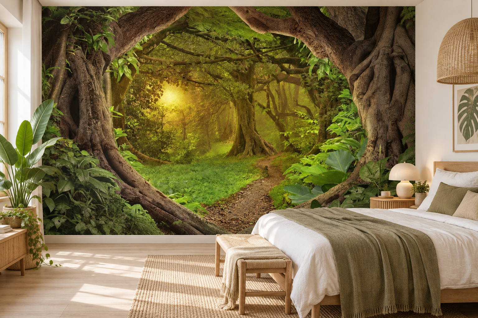 Tropisch junglepad tussen grote boomstammen op de slaapkamerwand, naast een bed rechts met wit en olijfgroen bedtextiel.
