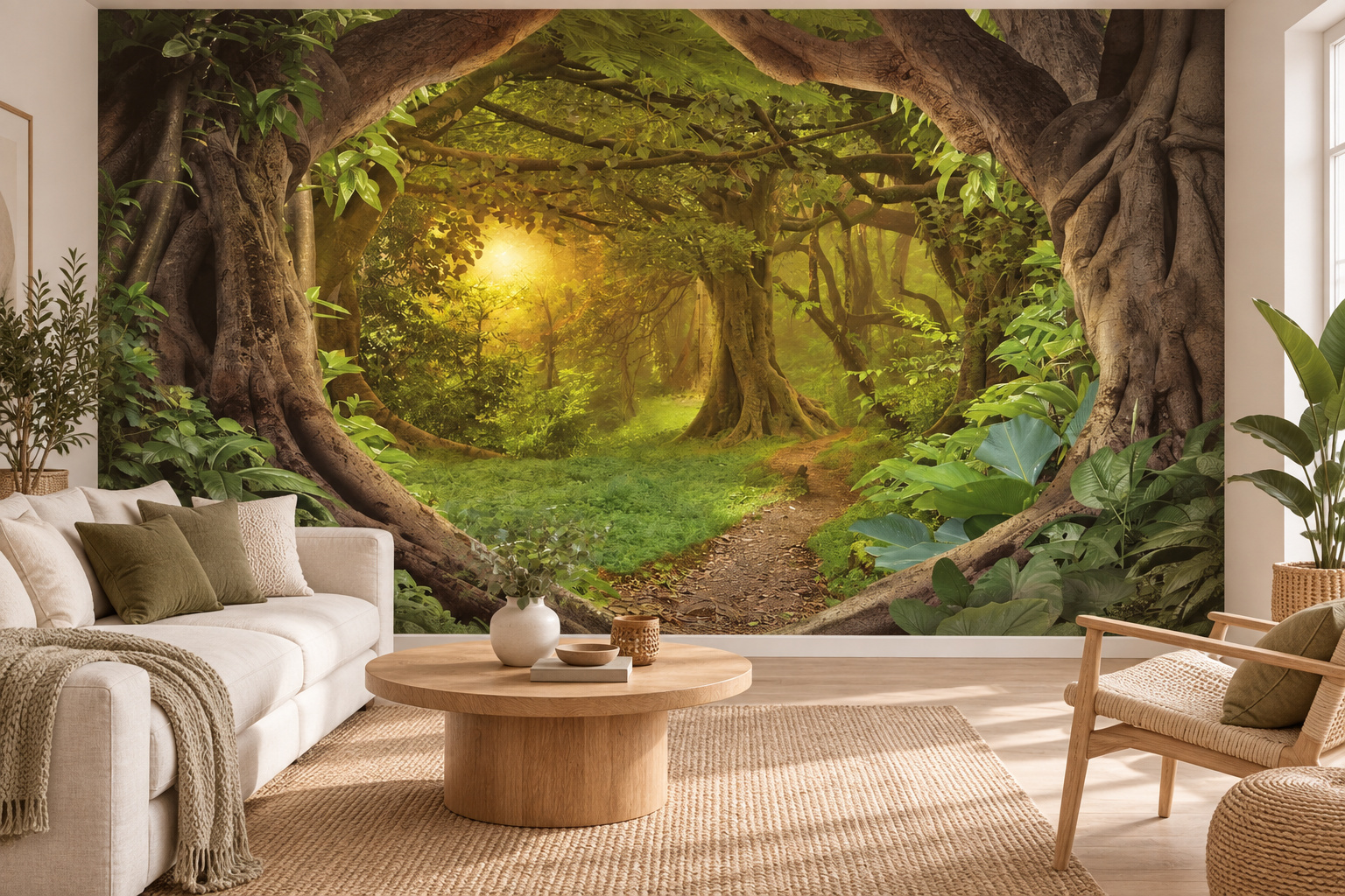Jungle met grote gebogen boomstammen en een smal pad als fotobehang achter een lichte bank, ronde houten tafel en gevlochten stoel.