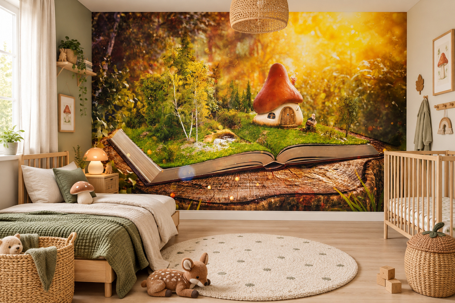 Kinderslaapkamer met wandvullend fotobehang kabouterboek met paddenstoelhuis, een houten bed en een paddenstoellamp.