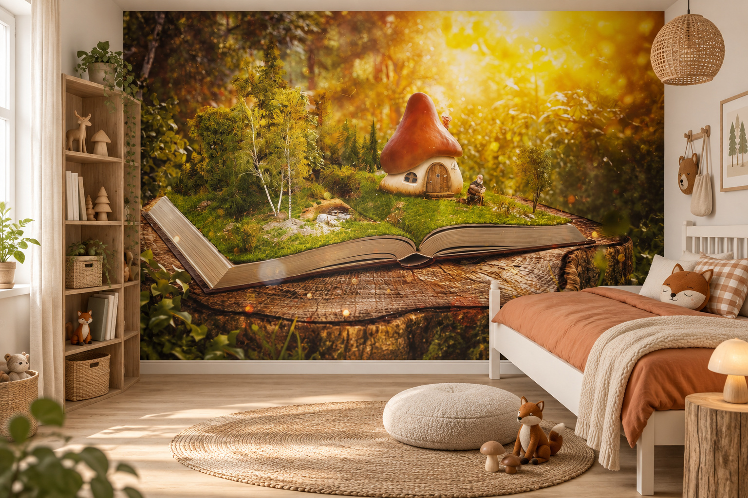 Fotobehang kabouterboek met paddenstoelhuis in een lichte kinderslaapkamer met een wit bed met terracottakleurig dekbed.