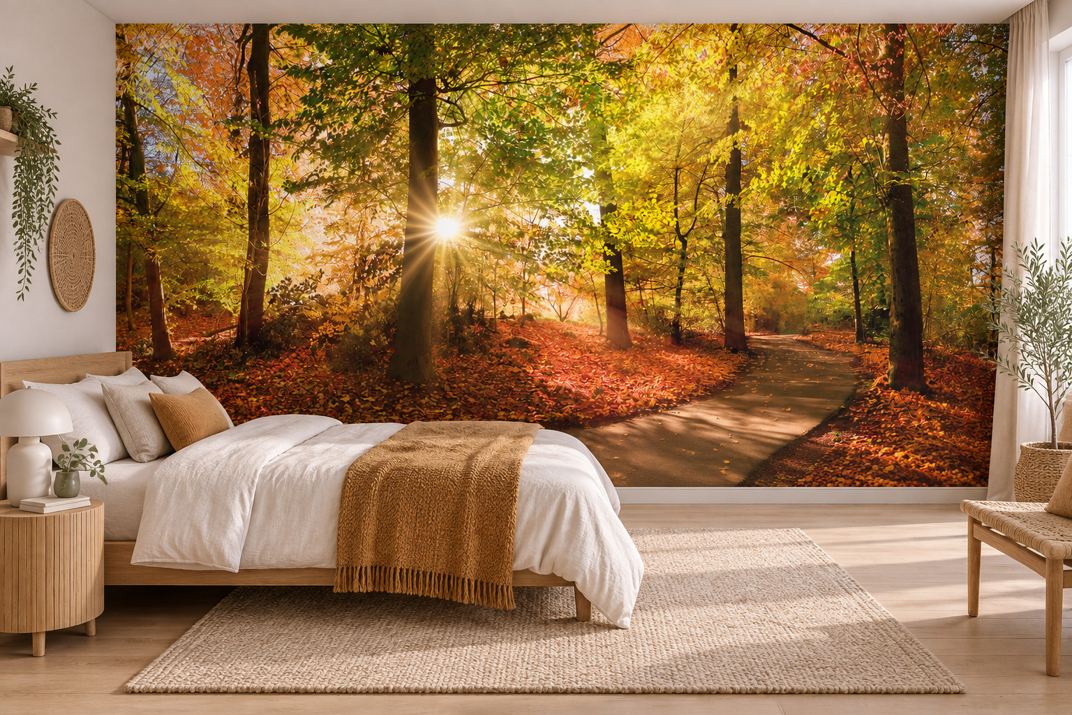 Slaapkamer met een zonnig herfstbos en een pad rechts op de wand, naast een bed links met een okerkleurige plaid.