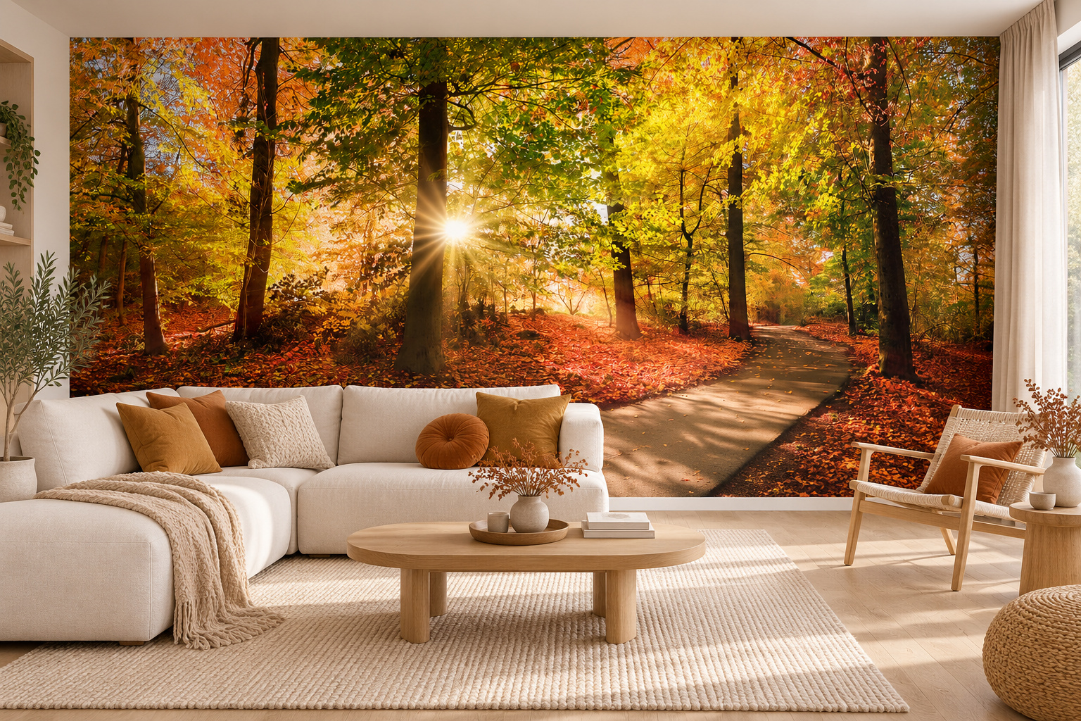 Kleurrijk herfstbos met zonlicht en een kronkelend pad als behang achter een lichte bank met okerkussens en een ovale houten tafel.