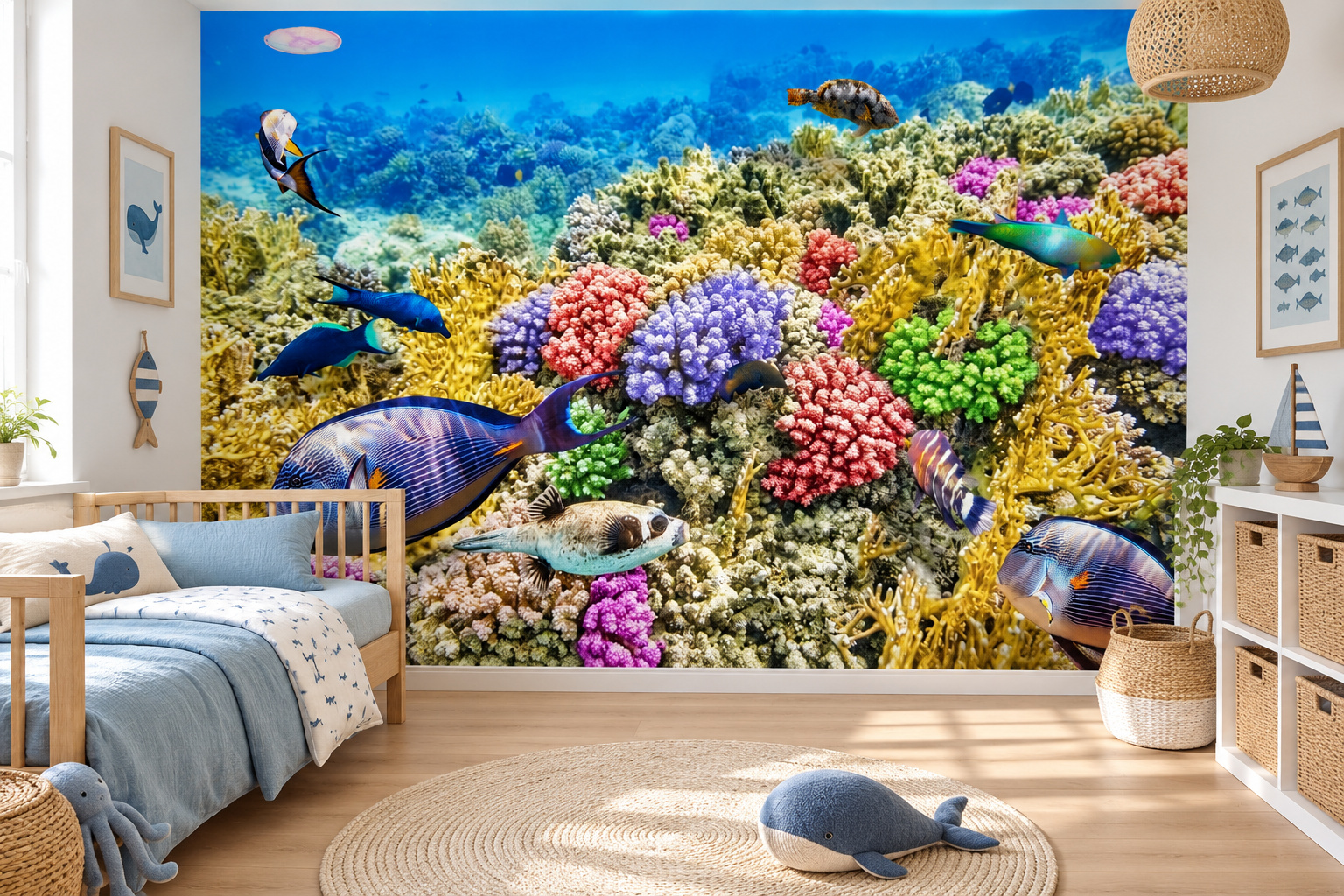 Kinderslaapkamer met wandvullend fotobehang koraalrif met tropische vissen, een eiken bed met blauw-wit beddengoed.