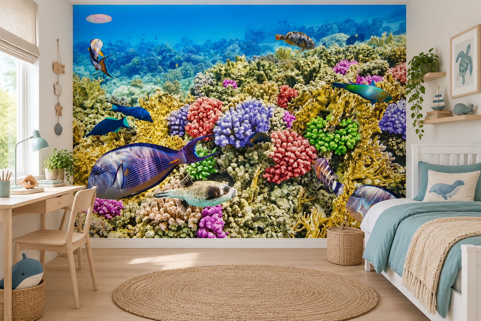 Fotobehang koraalrif met tropische vissen in een lichte kinderslaapkamer met een wit bed met blauwgroen dekbed.