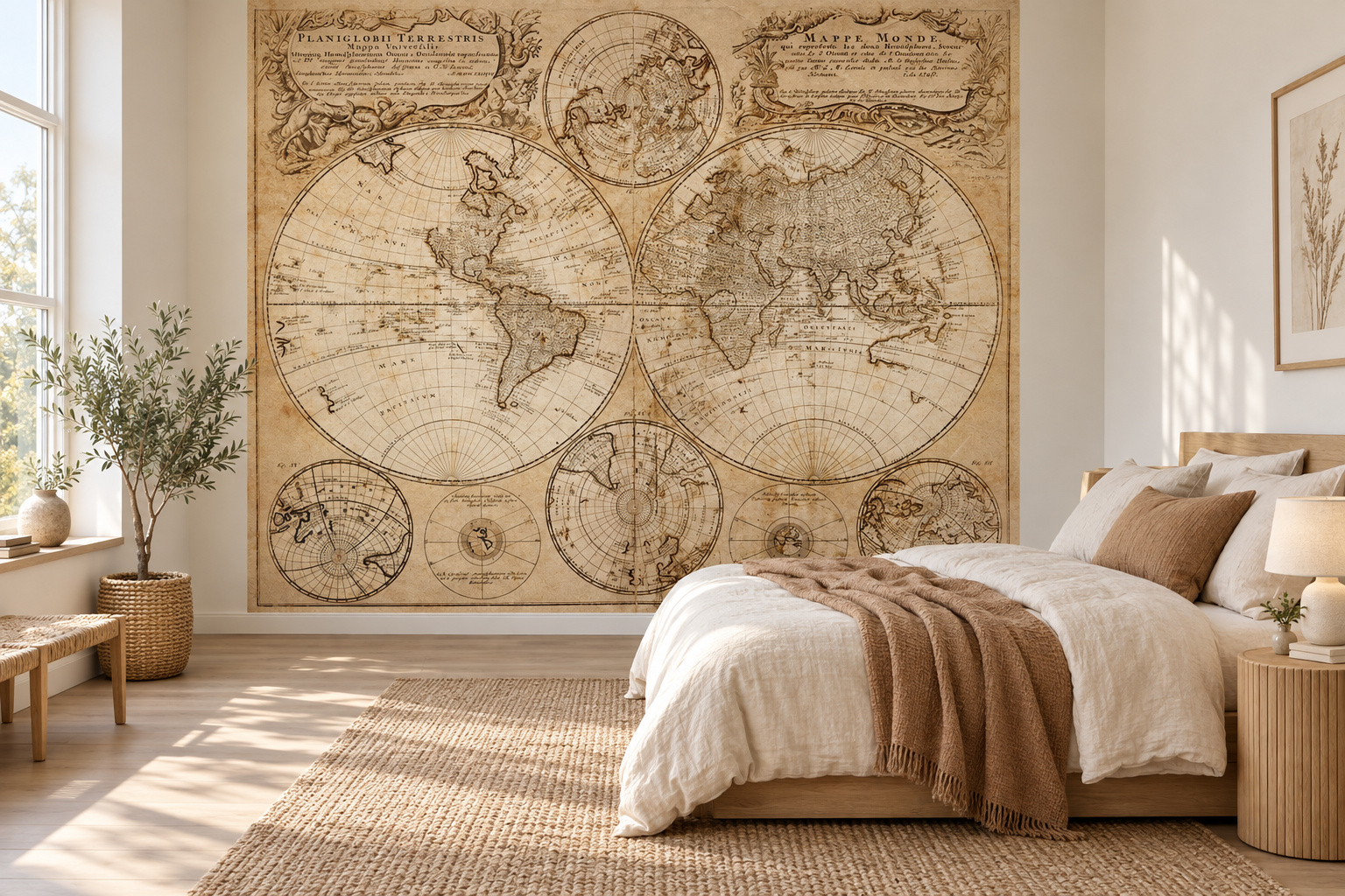 Vintage wereldkaart met twee halfronden op de slaapkamerwand, naast een laag bed rechts met wit beddengoed en een karamelkleurige plaid.