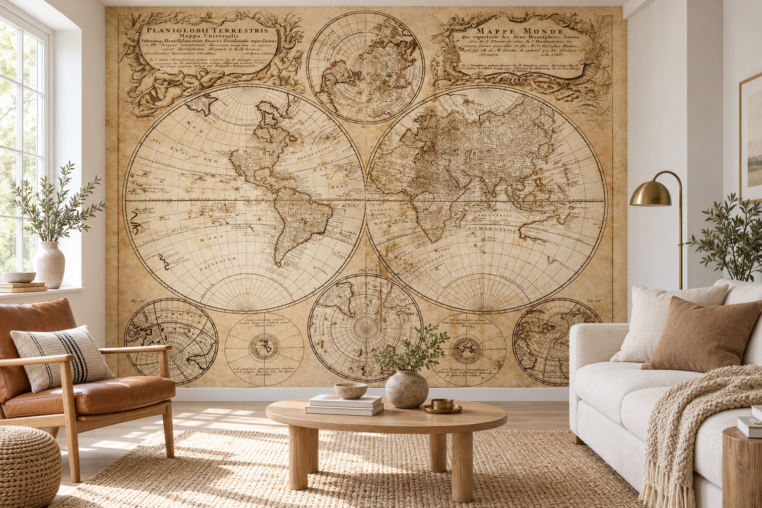 Oude wereldkaart met twee ronde halfronden als behang in een woonkamer met een lichte bank rechts en een cognackleurige stoel links.