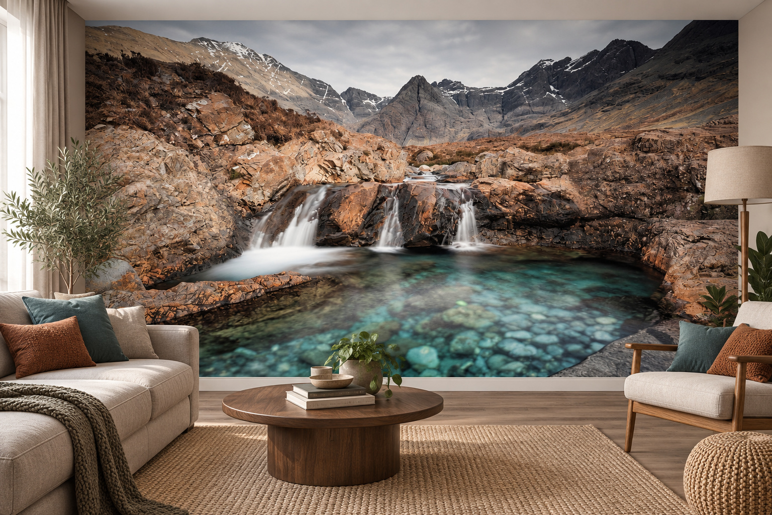 Woonkamer met fotobehang van een Schots landschap met een waterval op de achterwand en een interieur in bijpassende kleuren; ontwerp 20240064.
