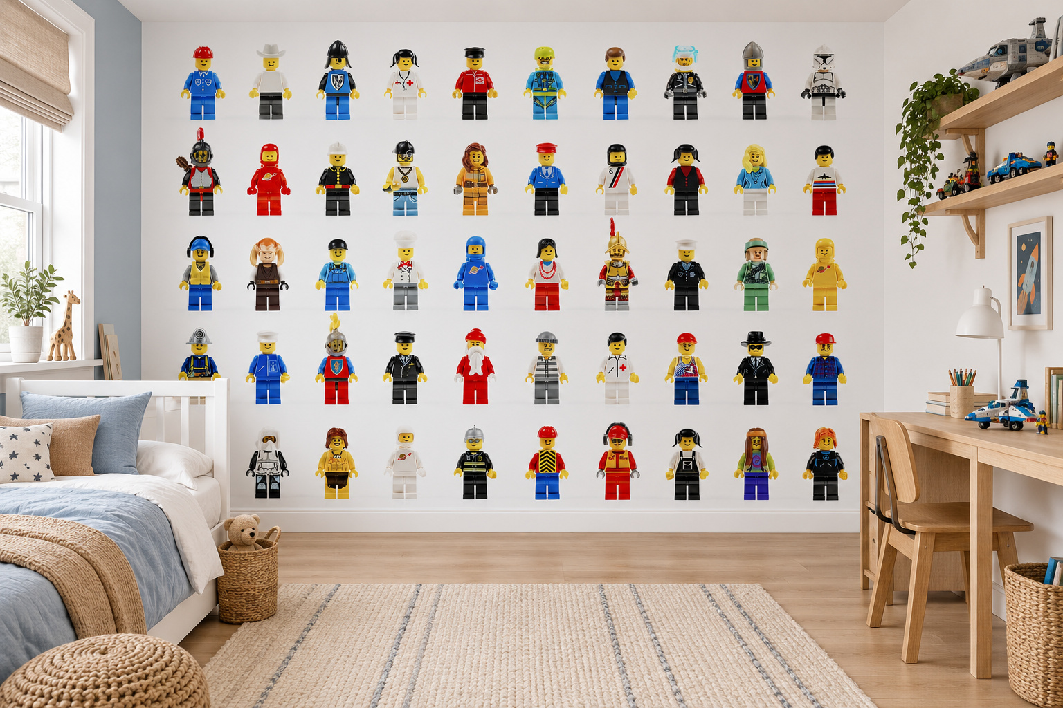 Kinderslaapkamer met wandvullend fotobehang lego poppetjes op wit, een wit bed met zandkleurig en blauw textiel.
