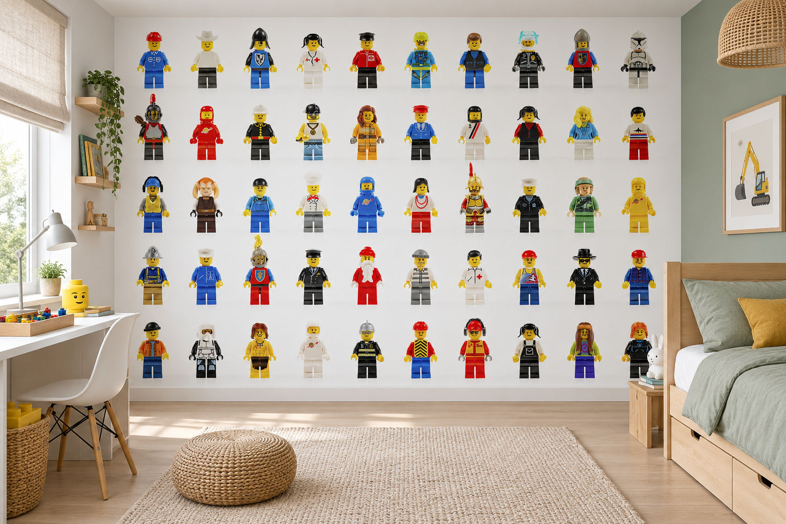 Fotobehang lego poppetjes op wit in een lichte kinderslaapkamer met een houten bed en een opgeruimde bouwplek.