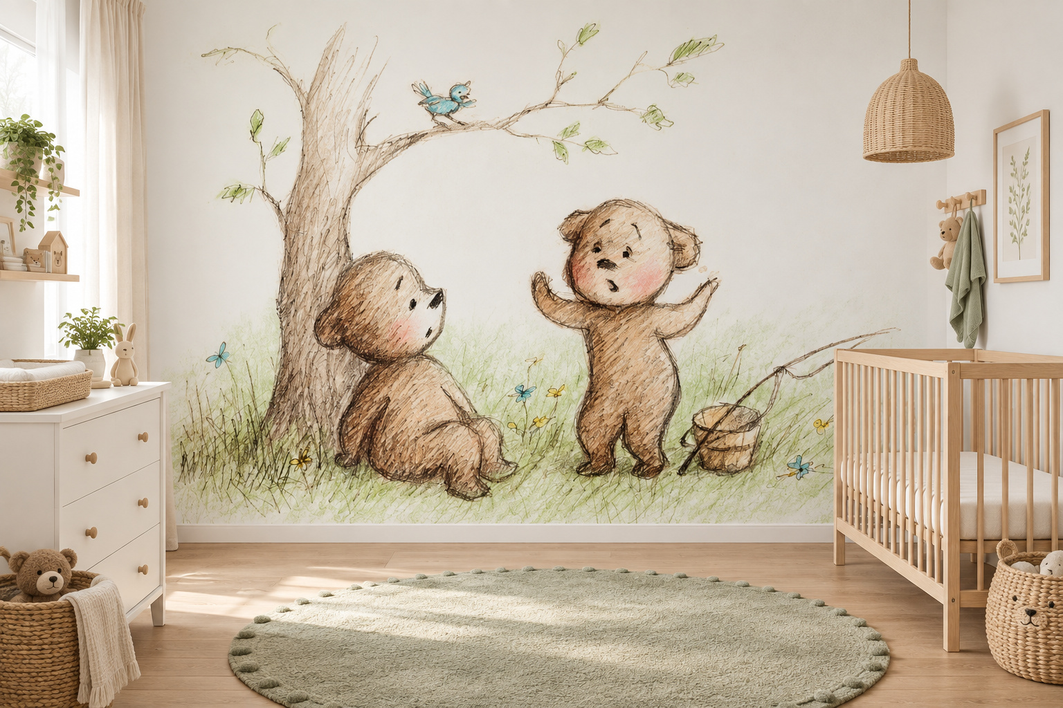 Babykamer met wandvullend fotobehang lief getekende beertjes, een eiken ledikant en saliegroen kleed.