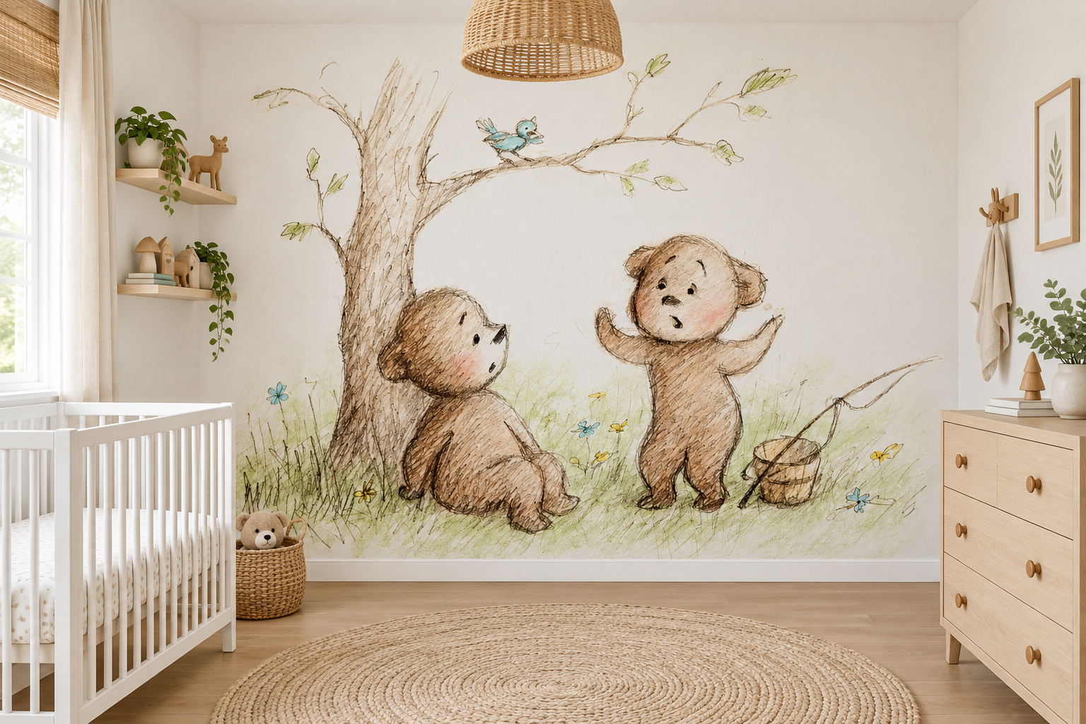 Fotobehang lief getekende beertjes in een lichte babykamer met een wit ledikant met naturel commode.