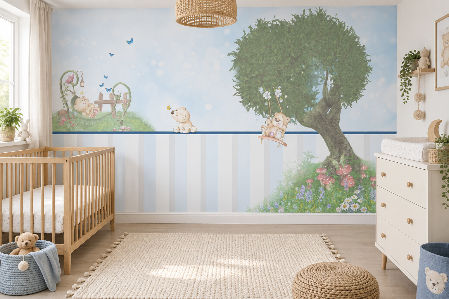 Fotobehang lieve beertjes in blauw in een lichte babykamer met een houten ledikant en een lichte commode.