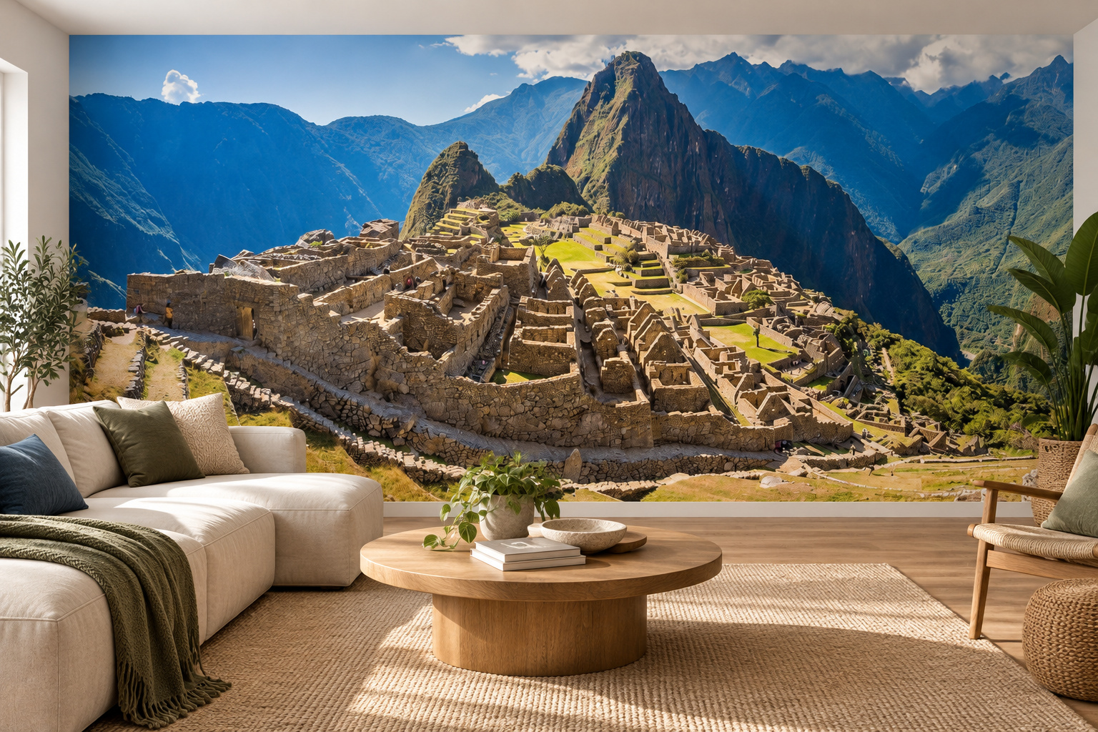 Woonkamer met fotobehang van Machu Picchu in Peru op de achterwand en een interieur in bijpassende kleuren; ontwerp 20240070.