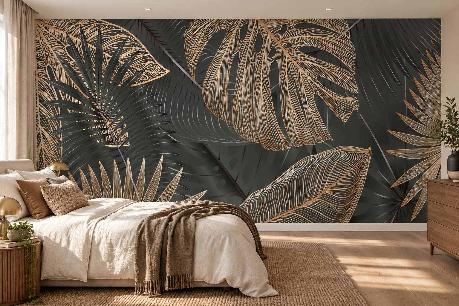 Slaapkamer met fotobehang van palmbladeren in zwart en goudkleurige lijnen op de achterwand en een interieur in bijpassende kleuren; ontwerp AS457336763.