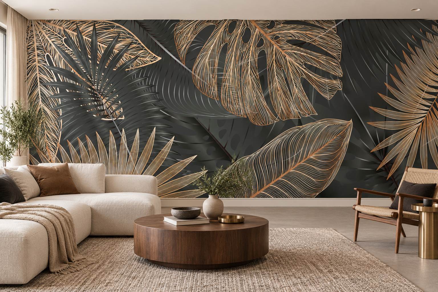 Woonkamer met fotobehang van palmbladeren in zwart en goudkleurige lijnen op de achterwand en een interieur in bijpassende kleuren; ontwerp AS457336763.