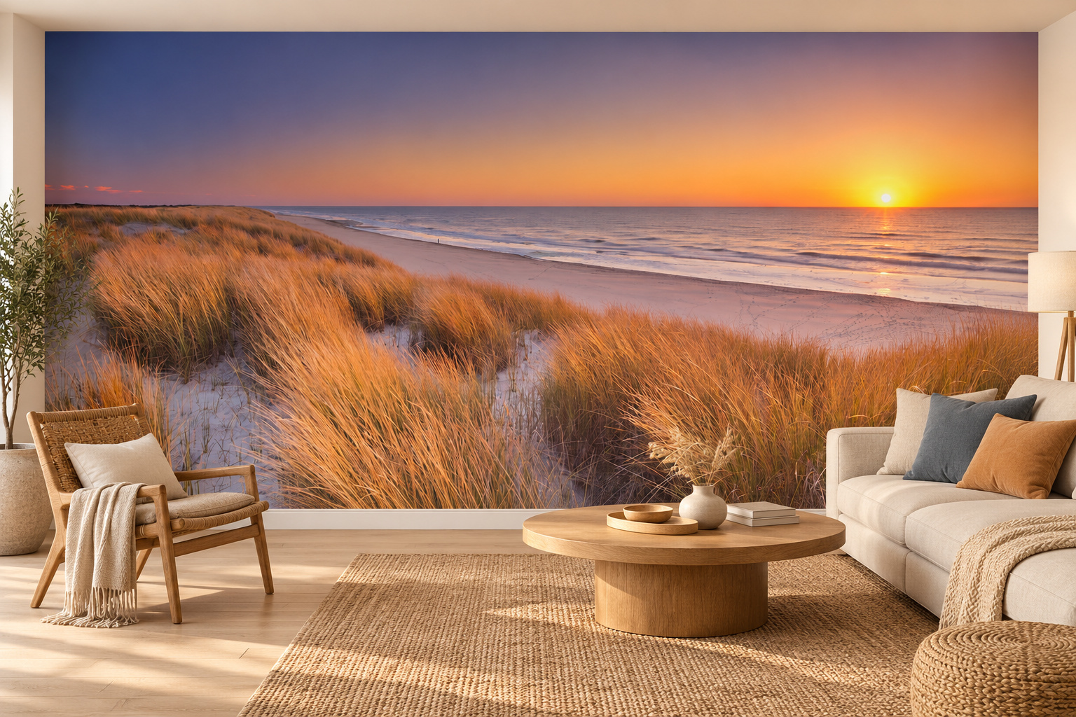 Woonkamer met fotobehang van een ondergaande zon boven zee op de achterwand en een interieur in bijpassende kleuren; ontwerp 99786006.