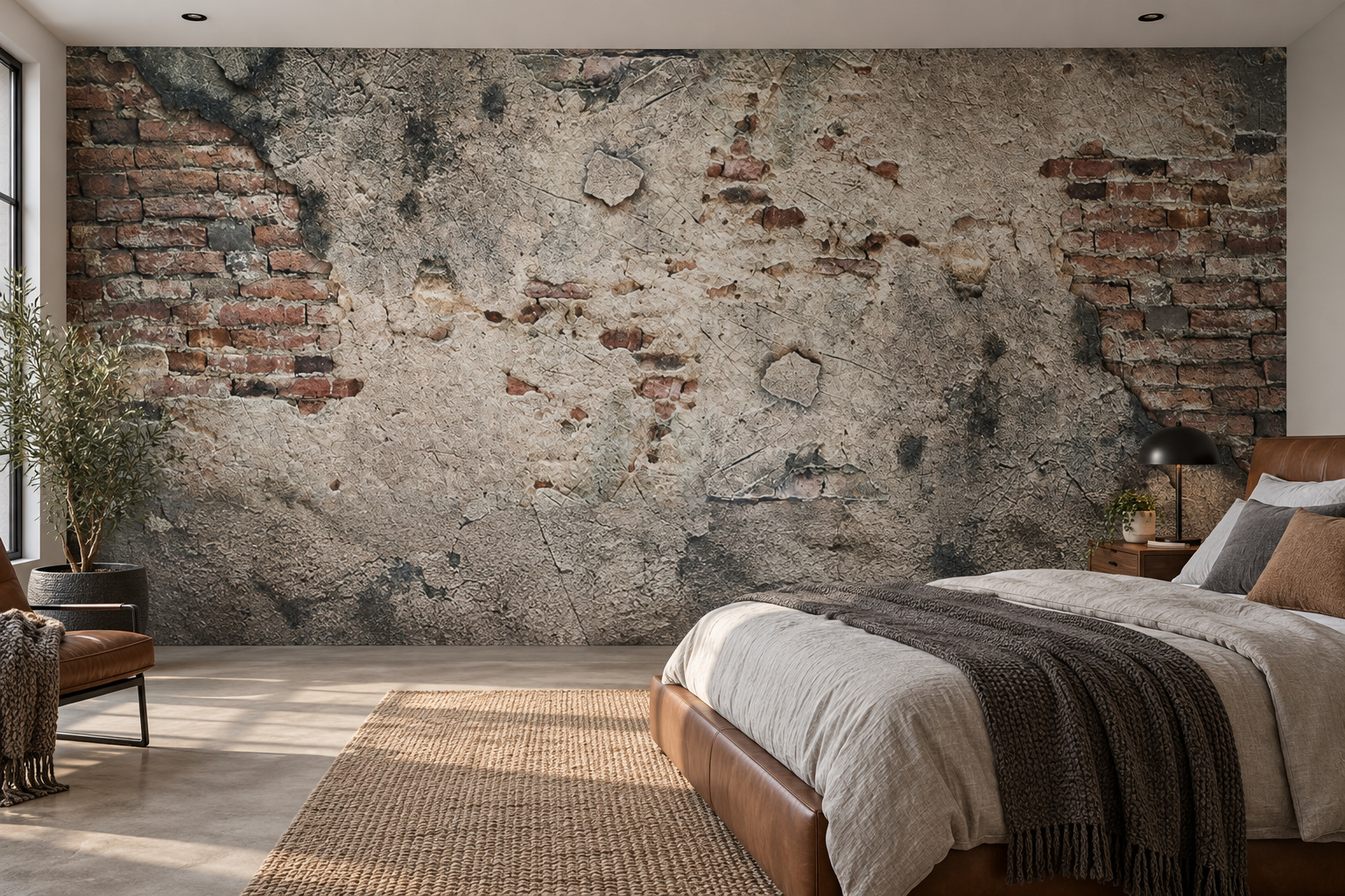 Slaapkamer met fotobehang van een oude stenen muur op de achterwand en een interieur in bijpassende kleuren; ontwerp AS204499970.