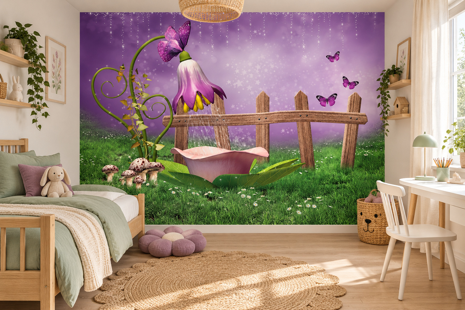 Fotobehang paarse sprookjestuin in een lichte kinderslaapkamer met een houten bed met saliegroen beddengoed.