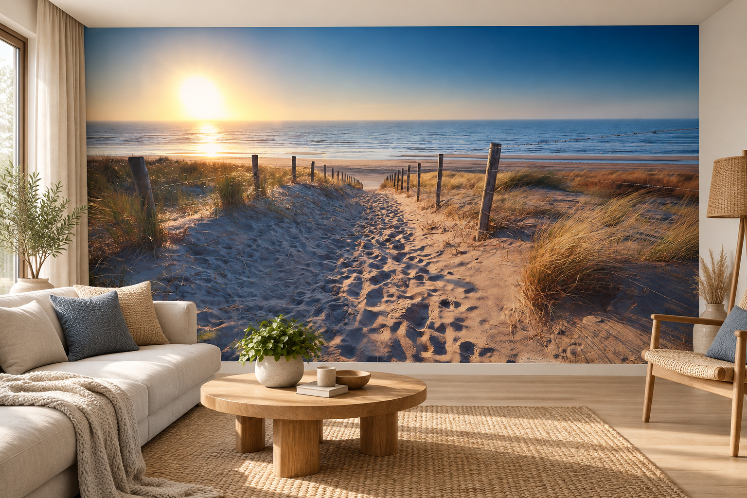 Woonkamer met fotobehang van een pad naar het Noordzeestrand op de achterwand en een interieur in bijpassende kleuren; ontwerp 42413847.