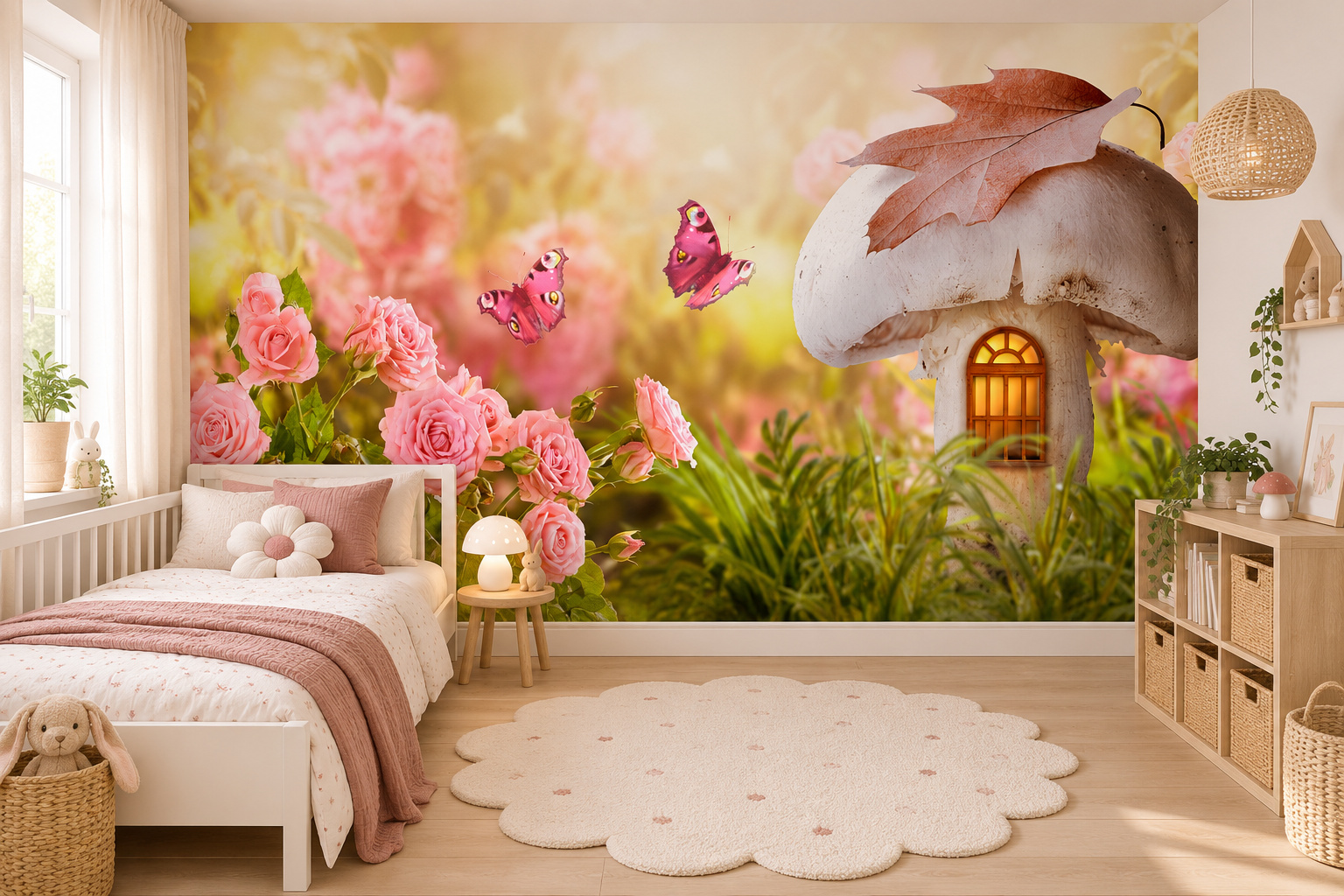 Kinderslaapkamer met wandvullend fotobehang paddenstoelhuis met rozen en vlinders, een wit bed met oudroze beddengoed.