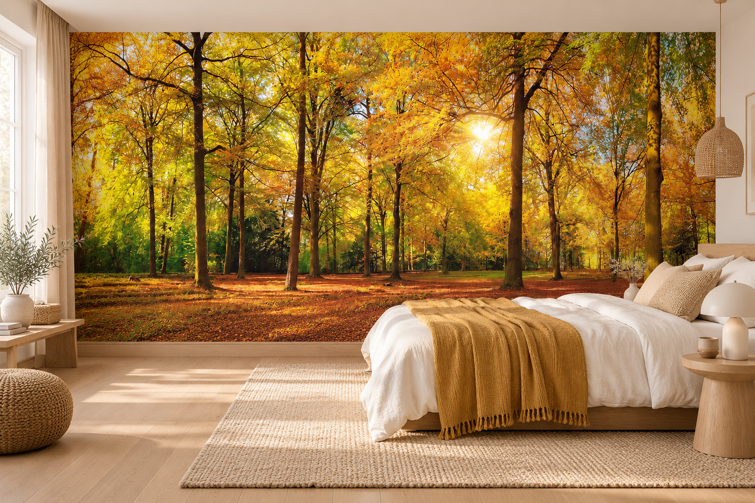 Gouden herfstbos als volledige slaapkamerwand, met een bed rechts, wit beddengoed en een okerkleurige deken bij lichte houten meubels.