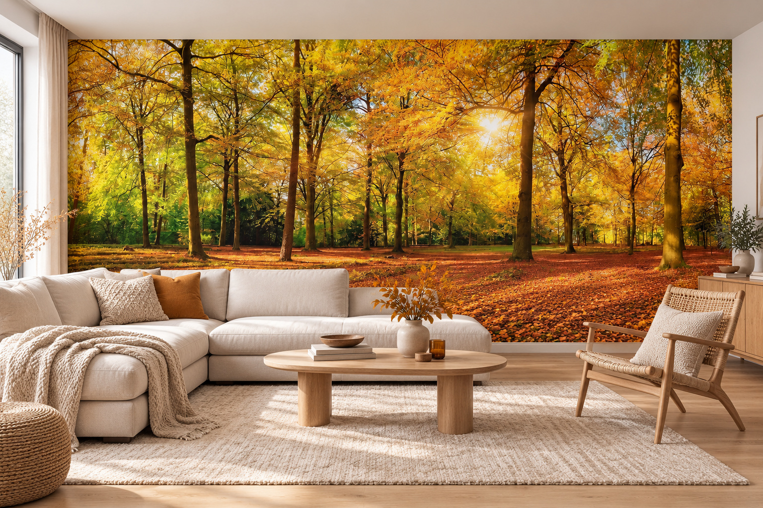 Breed herfstbos met gouden bladeren en zonlicht op de woonkamerwand, achter een lichte hoekbank, ovale eiken tafel en gevlochten stoel.