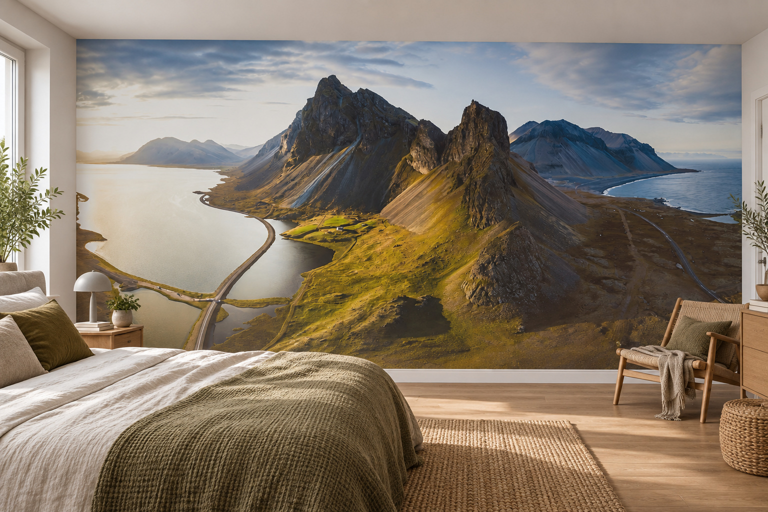 Slaapkamer met fotobehang van bergen en de kust van IJsland op de achterwand en een interieur in bijpassende kleuren; ontwerp AS270048975.