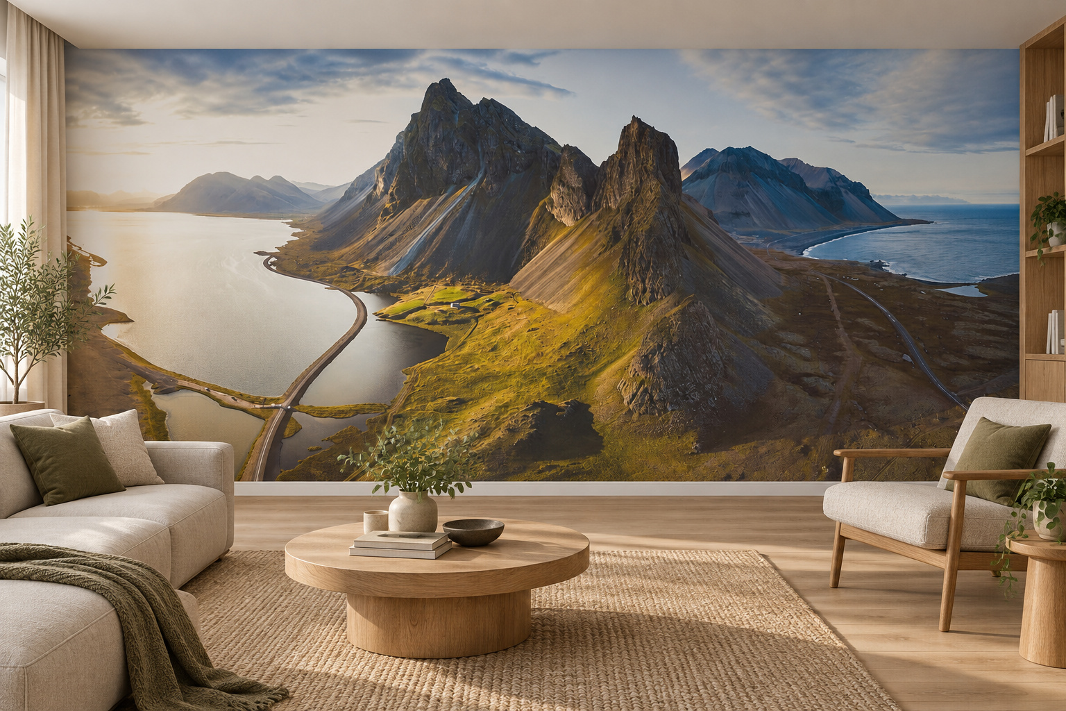 Woonkamer met fotobehang van bergen en de kust van IJsland op de achterwand en een interieur in bijpassende kleuren; ontwerp AS270048975.