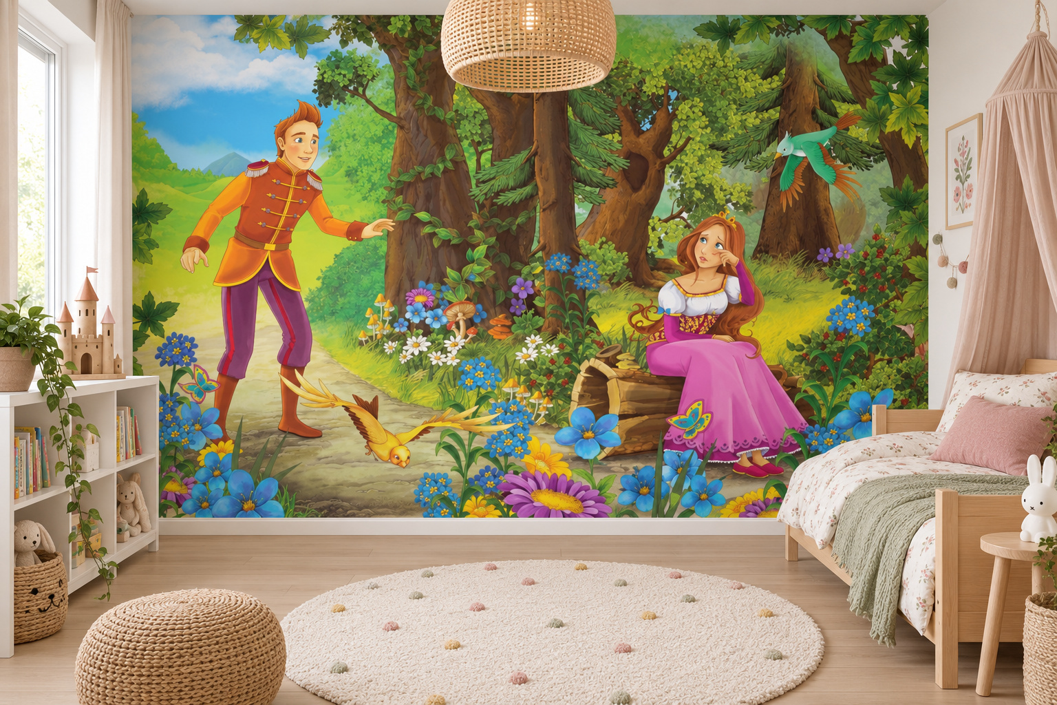 Kinderslaapkamer met wandvullend fotobehang prins en prinses in het bos, een eiken bed met saliegroen beddengoed.