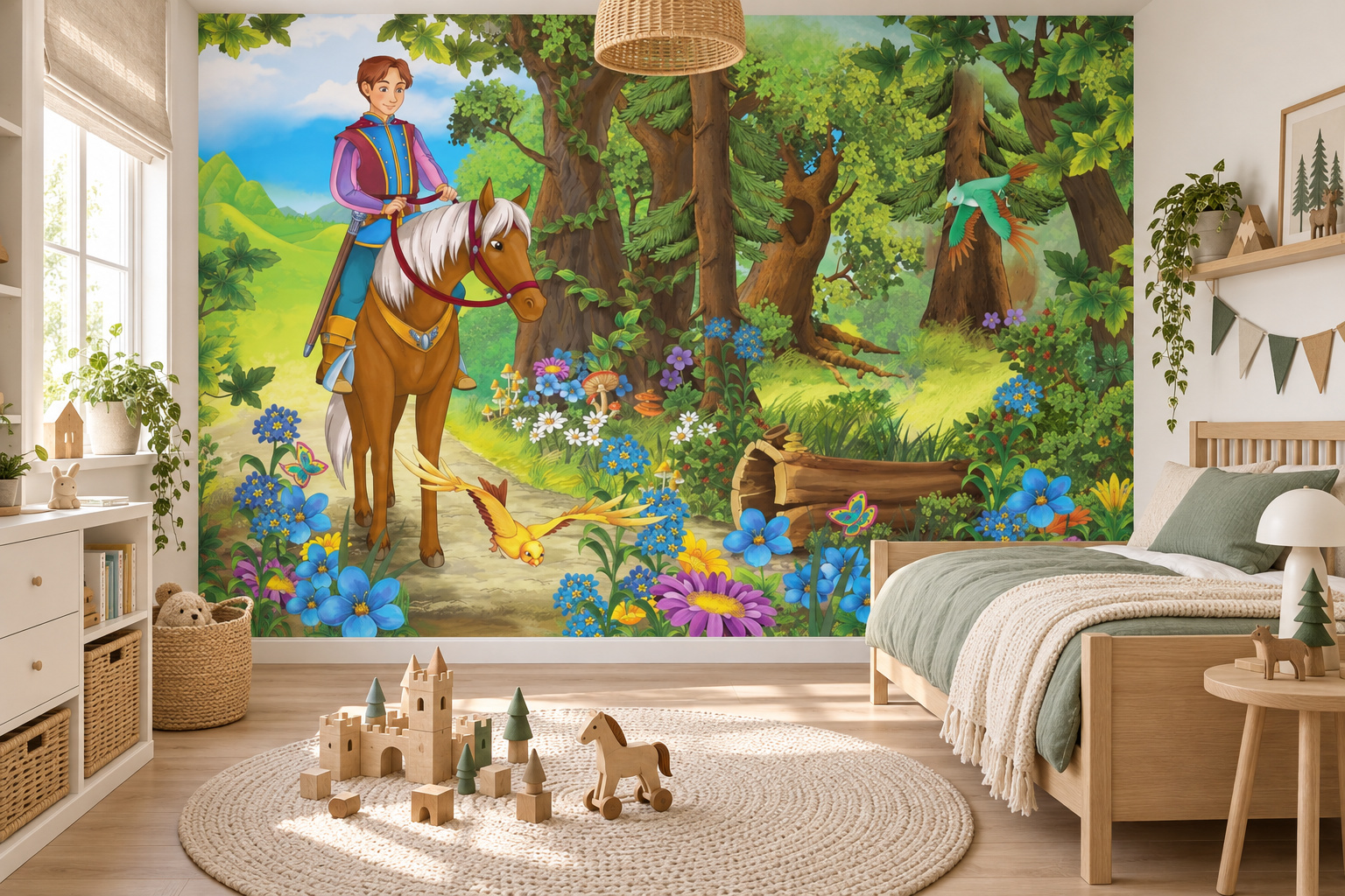 Kinderslaapkamer met wandvullend fotobehang prins op een paard, een houten bed en kleine kasteelaccessoires.