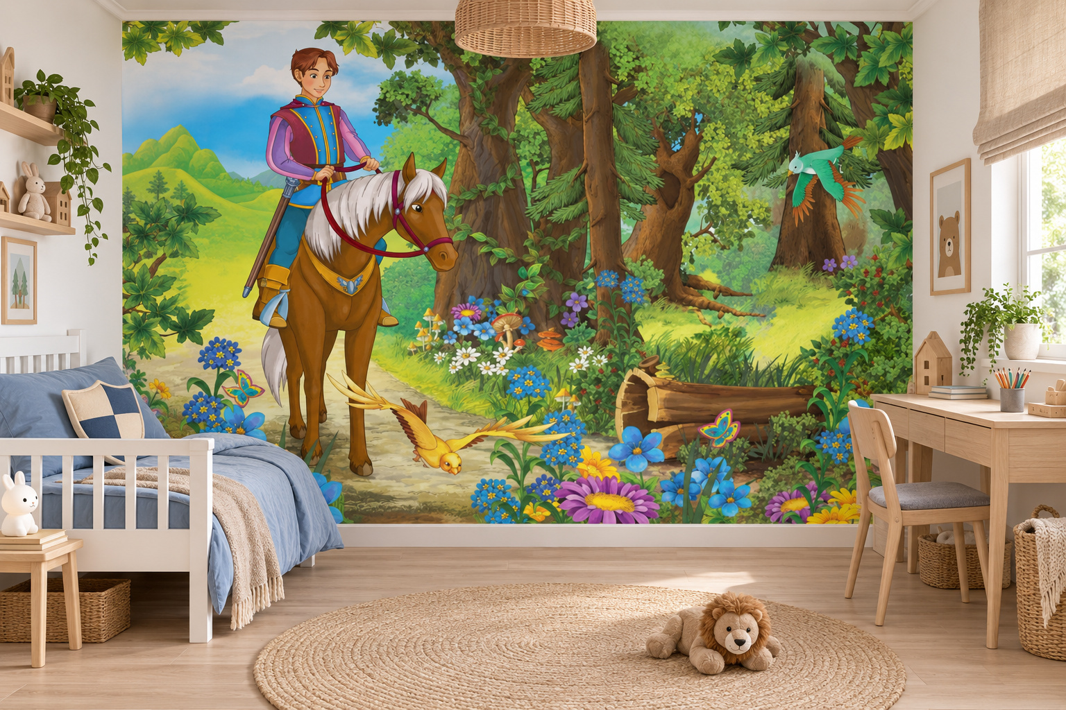 Fotobehang prins op een paard in een lichte kinderslaapkamer met een wit bed met zachtblauw dekbed.