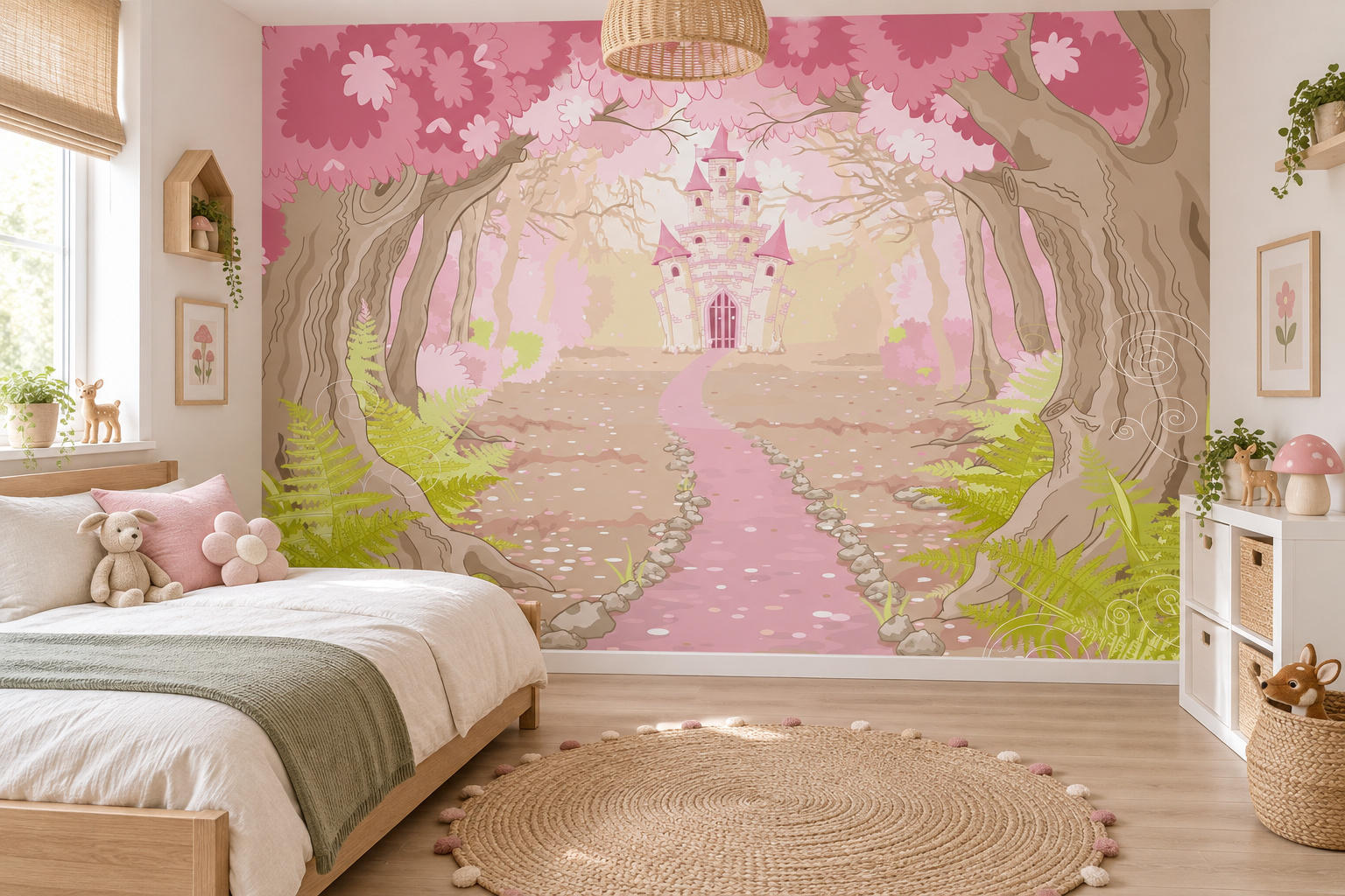 Kinderslaapkamer met wandvullend fotobehang prinsessenbos met kasteel, een houten bed met saliegroene deken.