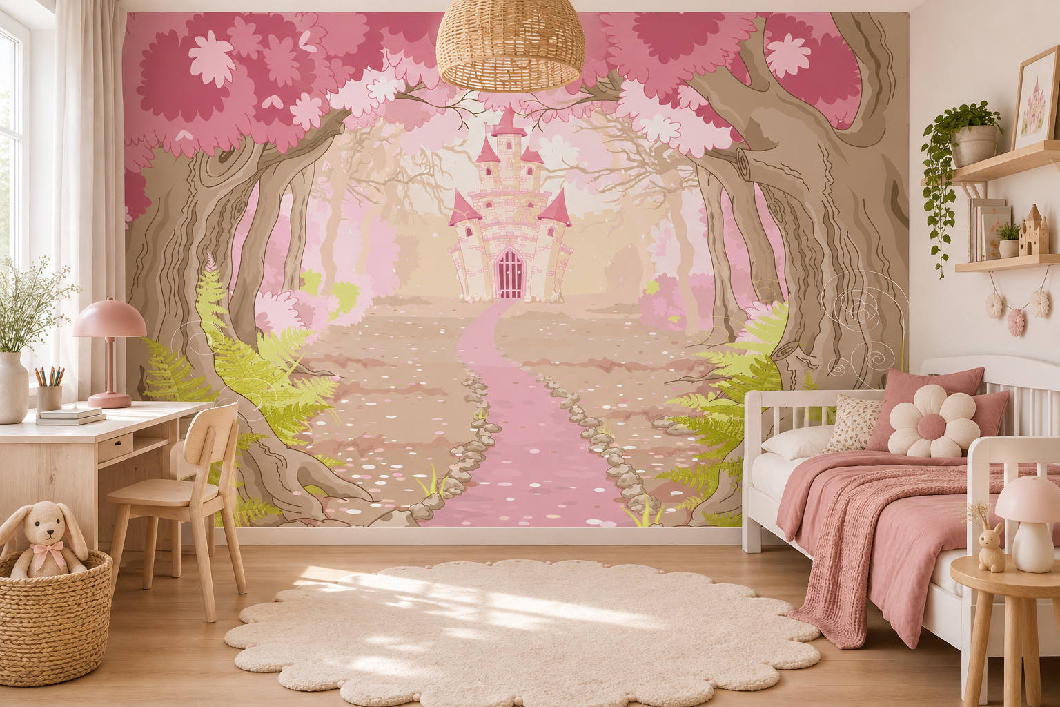 Fotobehang prinsessenbos met kasteel in een lichte kinderslaapkamer met een wit bed met oudroze katoen.