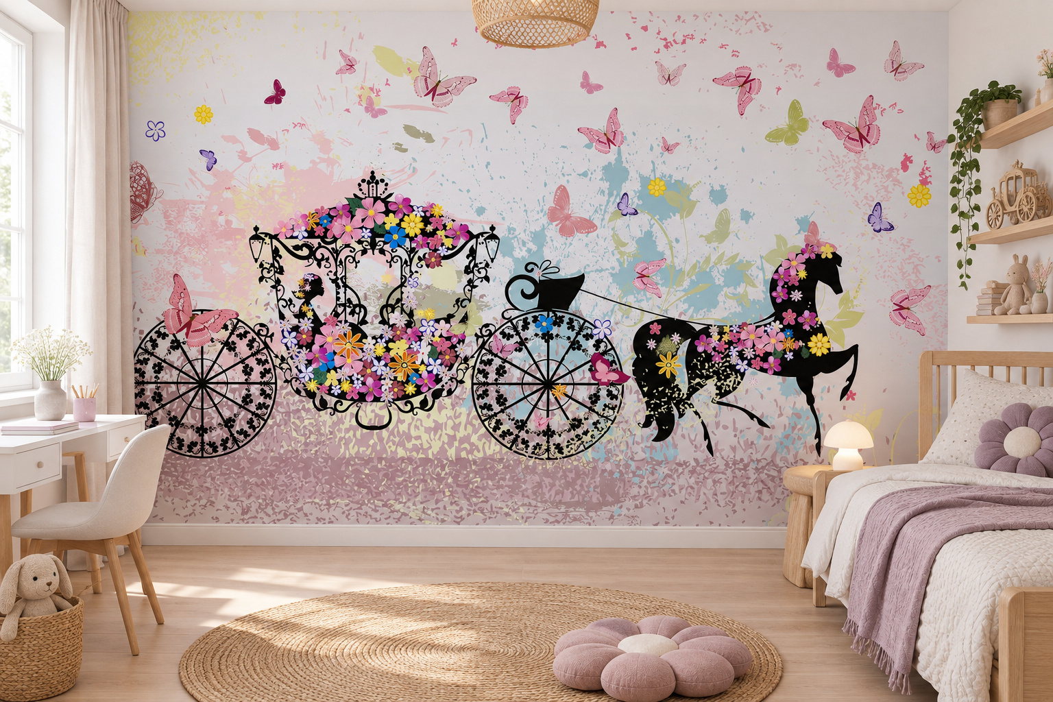 Fotobehang prinsessenkoets met vlinders in een lichte kinderslaapkamer met een houten bed met gedempt lila deken.