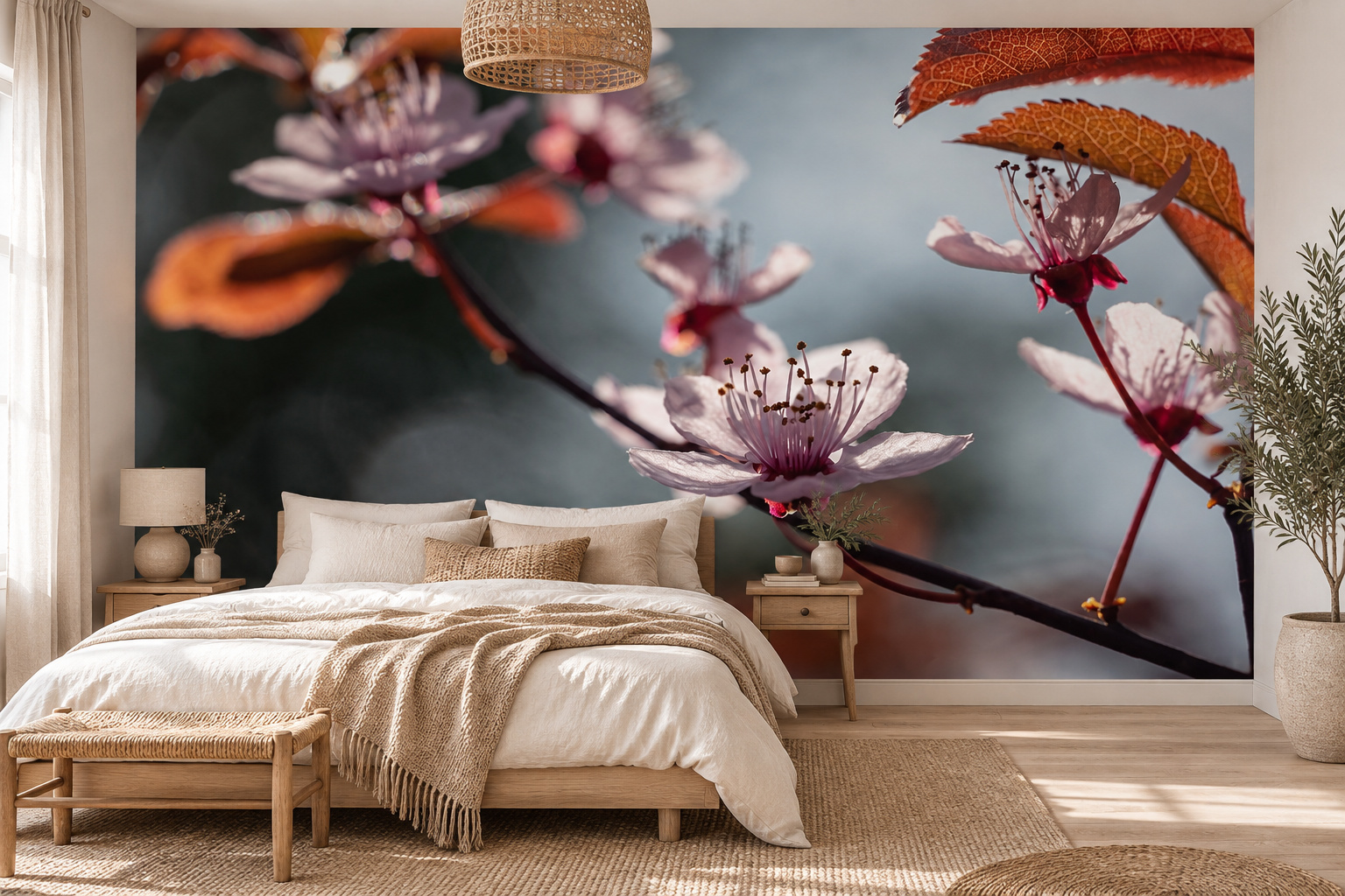 Slaapkamer met een bed links voor een wand met fijne prunusbloesem, donkere takken en koperkleurige bladeren.