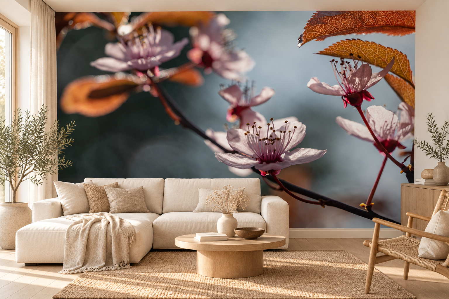 Lichtroze prunusbloesem met koperkleurige bladeren op een blauwgrijze wand, met een lage beige hoekbank links.