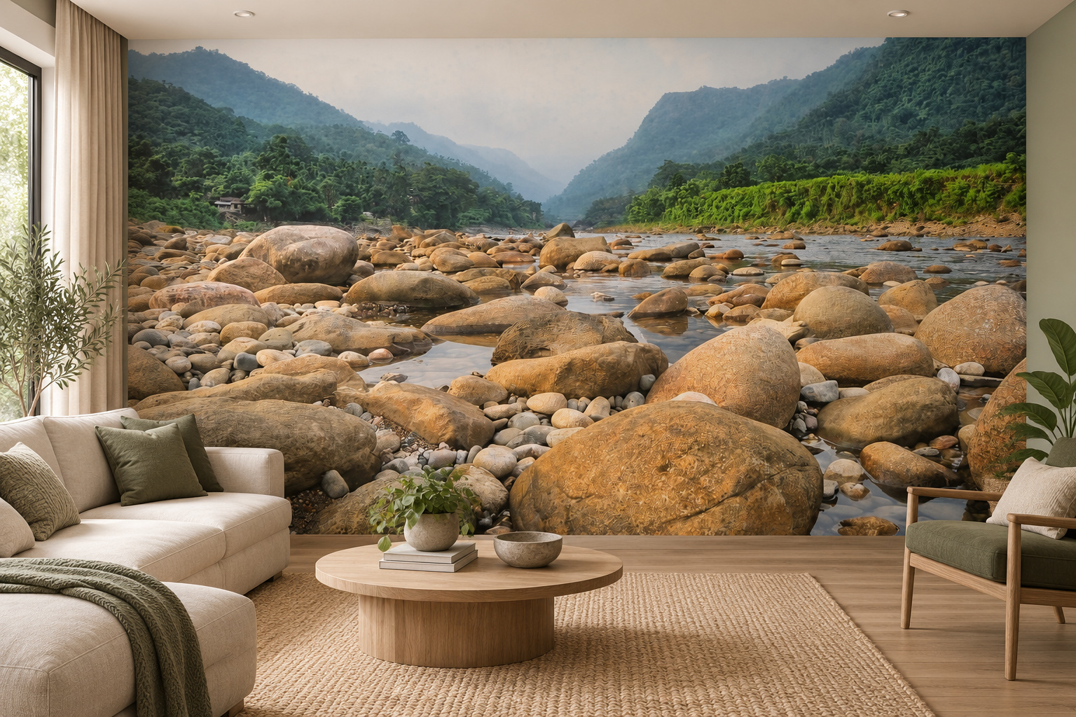 Woonkamer met fotobehang van een rivier met keien op de achterwand en een interieur in bijpassende kleuren; ontwerp 20240083.