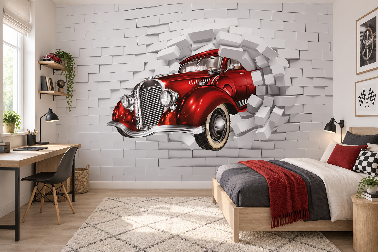 Tienerslaapkamer met wandvullend fotobehang rode klassieke auto door stenen muur, een houten bed met rode en grijze accenten.