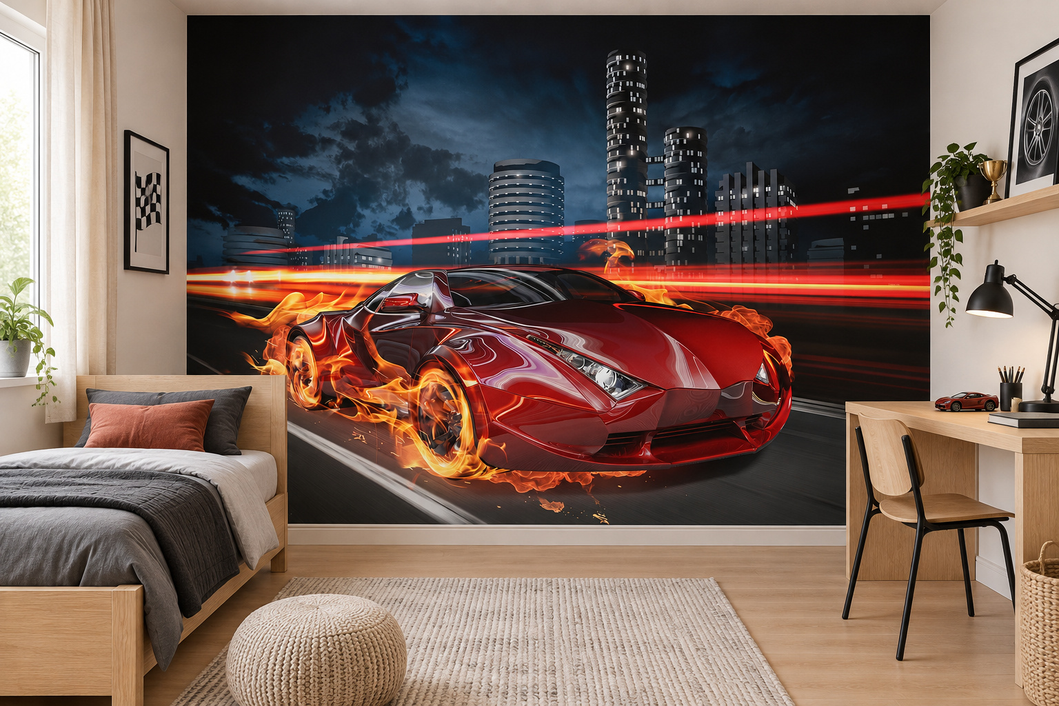 Tienerslaapkamer met wandvullend fotobehang rode raceauto met vlammende wielen, een eiken bed met antracietkleurig textiel.