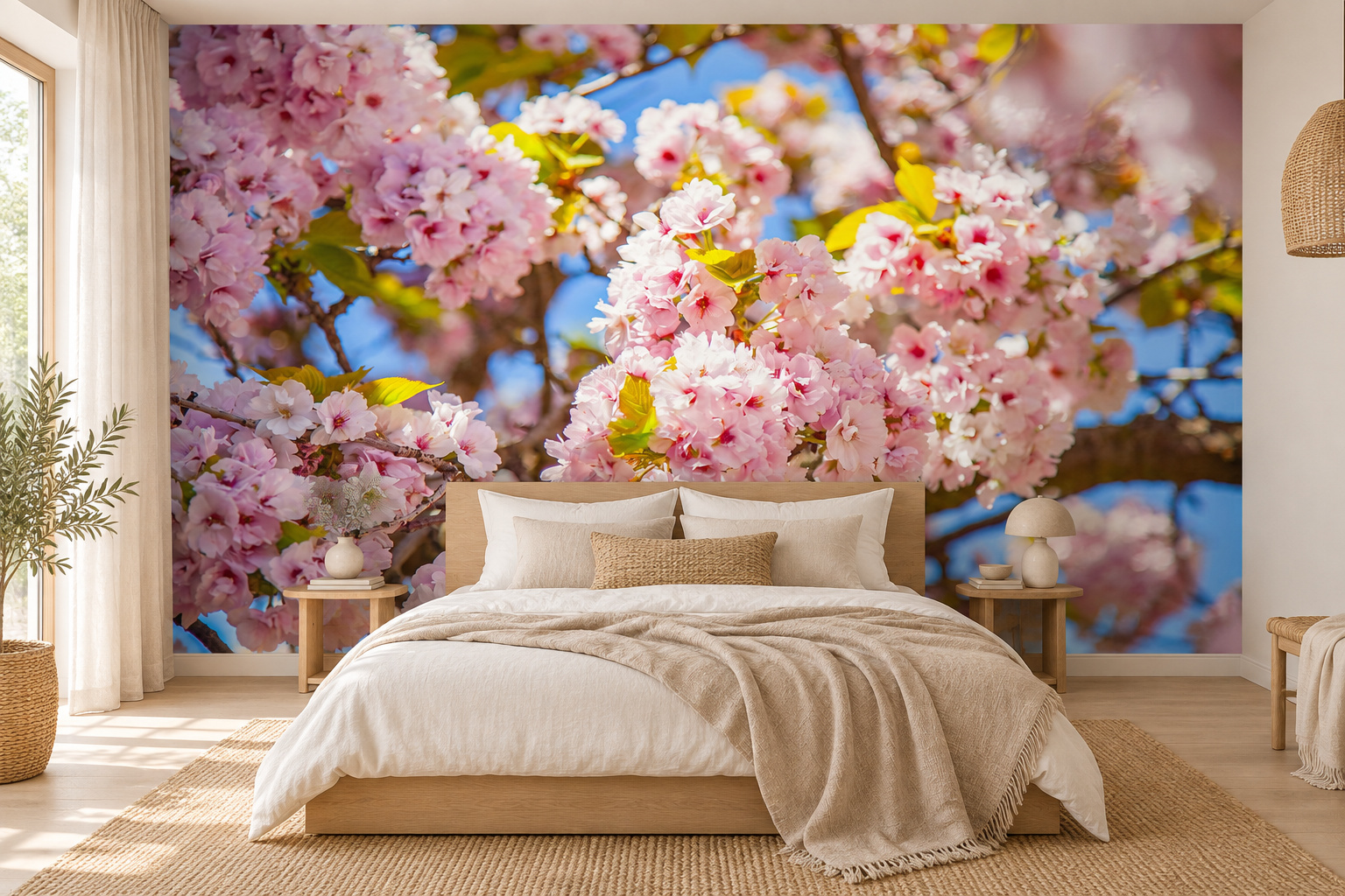 Roze bloesemtrossen boven een laag houten bed met witte kussens, tegen een wand met blauwe lucht en groene bladeren.