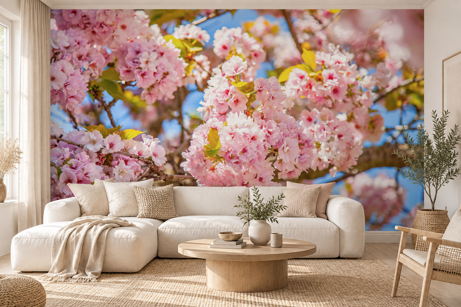 Volle roze bloesemtrossen met blauwe lucht op de wand achter een crèmekleurige hoekbank en houten tafel.
