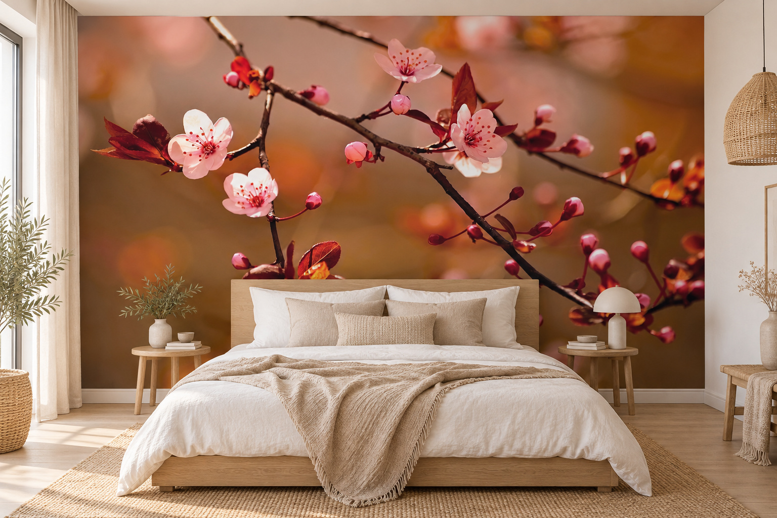 Roze Japanse bloesem en rode knoppen op een amberkleurige wand achter een houten bed met witte kussens.