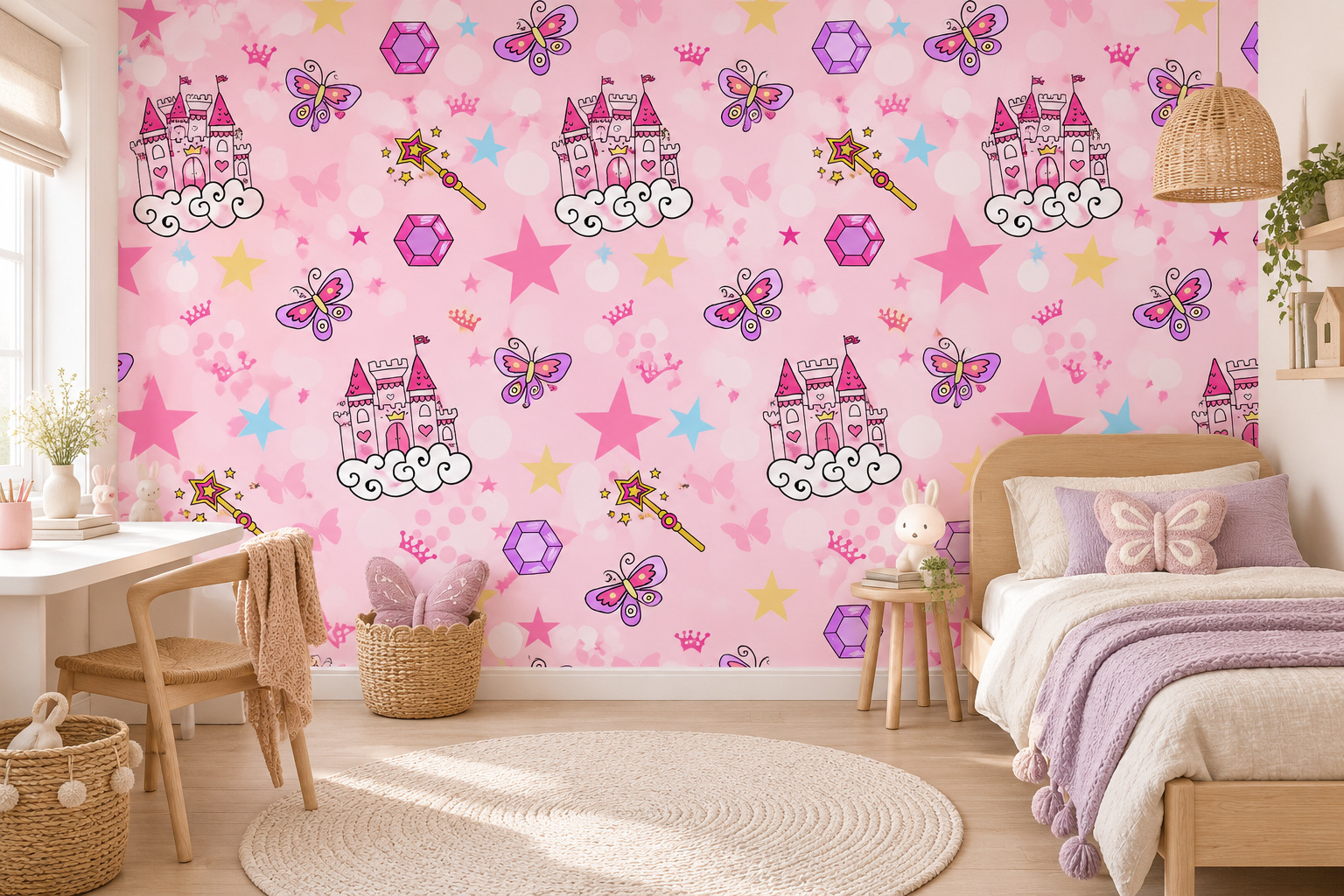 Fotobehang roze prinsessenkastelen in een lichte kinderslaapkamer met een houten bed met lila accenten.