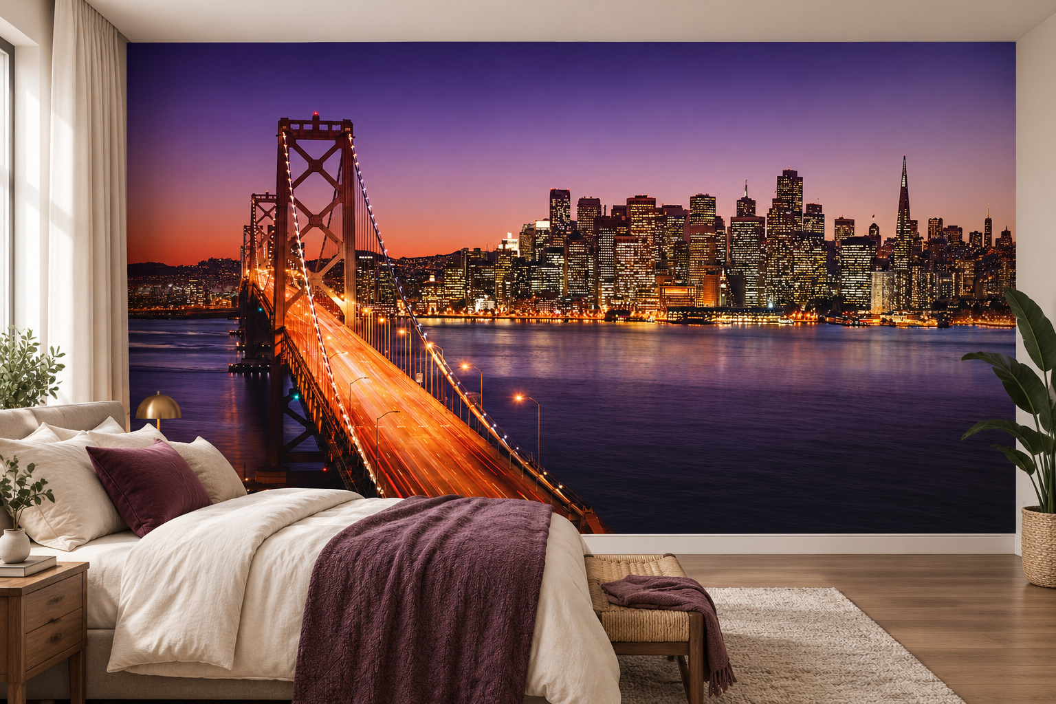 Slaapkamer met fotobehang van de skyline van San Francisco en de Bay Bridge bij zonsondergang op de achterwand en een interieur in bijpassende kleuren; ontwerp 35619963.