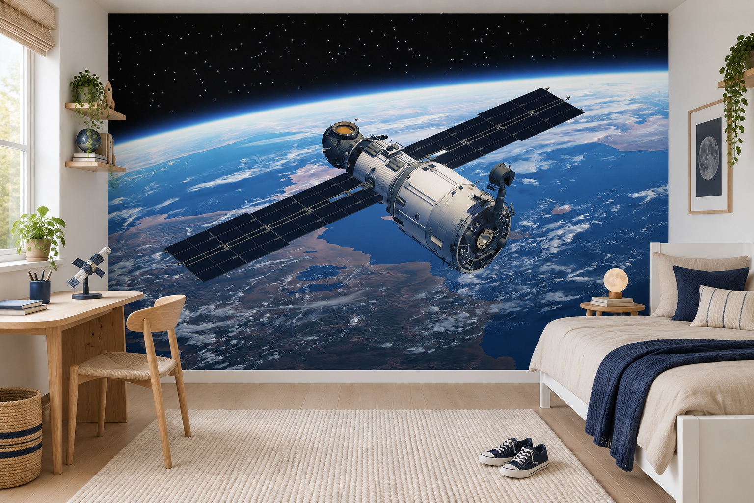 Fotobehang satelliet rond de aarde in een lichte tienerslaapkamer met een wit bed met donkerblauwe deken.