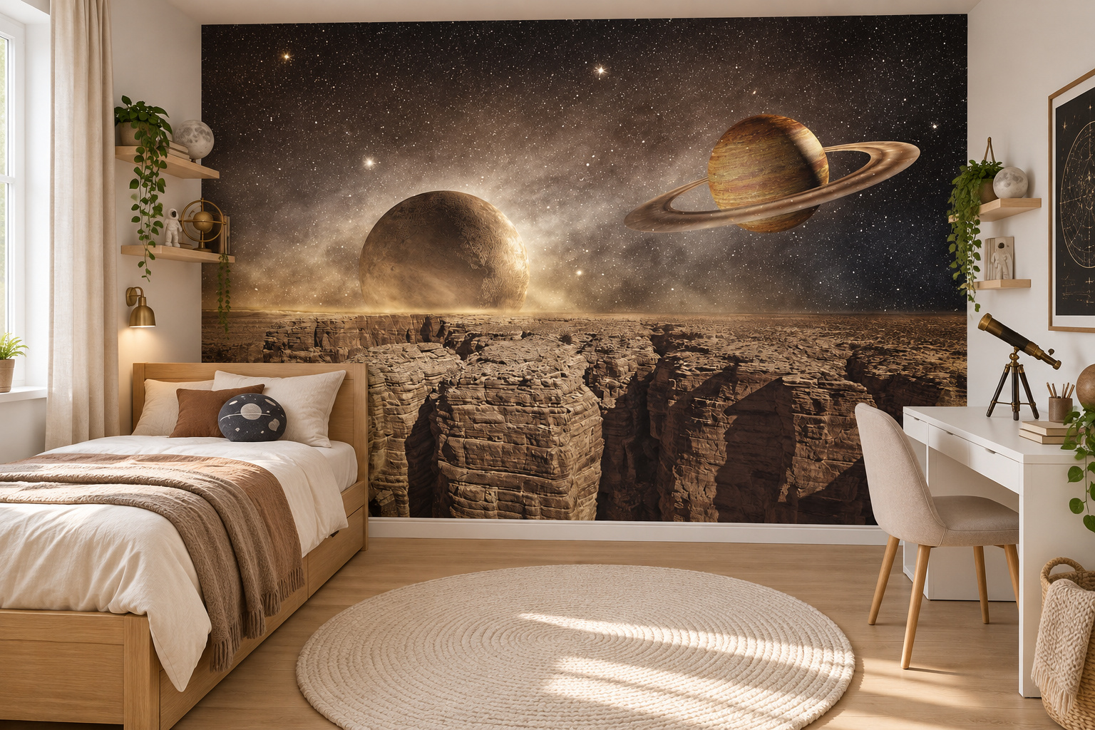 Tienerslaapkamer met wandvullend fotobehang saturnus en maanlandschap, een eiken bed en kleine telescoop.